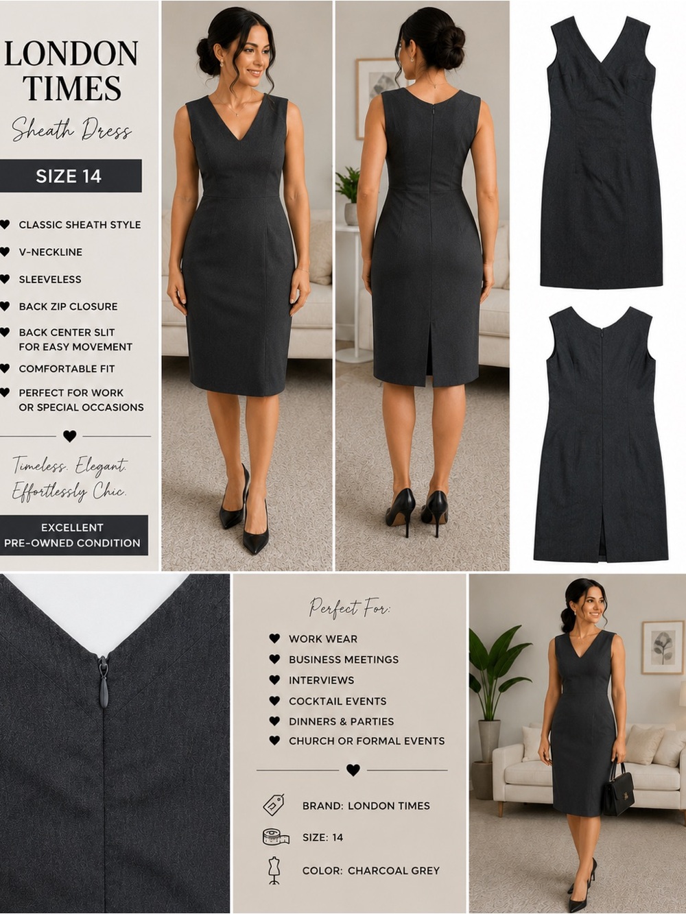London Times Charcoal Grey V-Neck Sheath Dress